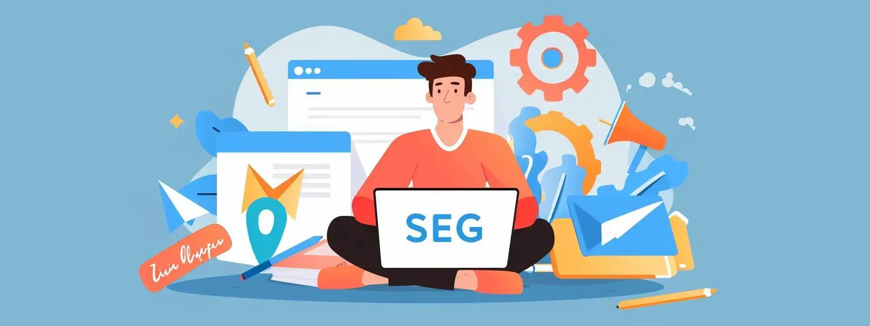 focused man typing on a laptop surrounded by seo guides, emphasizing the importance of authoritative content in digital strategy. focused man typing on a laptop surrounded by seo guides, emphasizing the importance of authoritative content in digital strategy.