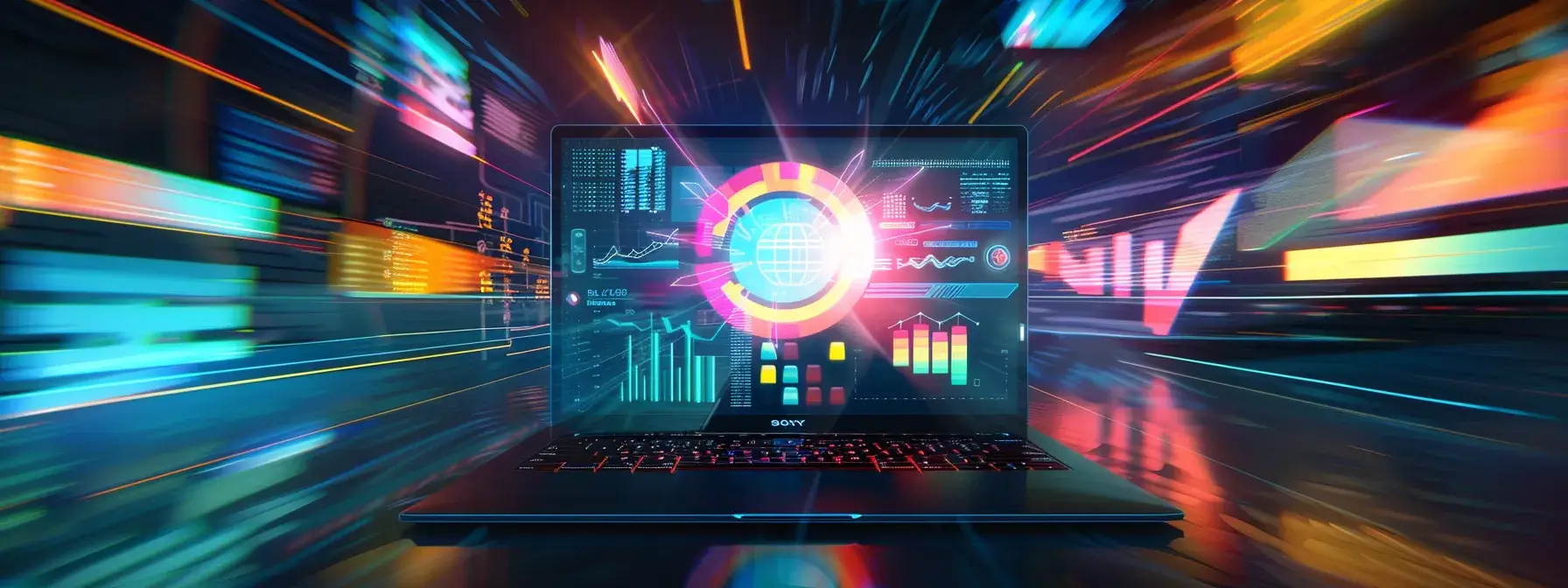 a laptop screen displaying a vivid, optimized image surrounded by colorful graphs and charts, representing the integration of readability and image optimization tools for seo success. a laptop screen displaying a vivid, optimized image surrounded by colorful graphs and charts, representing the integration of readability and image optimization tools for seo success.