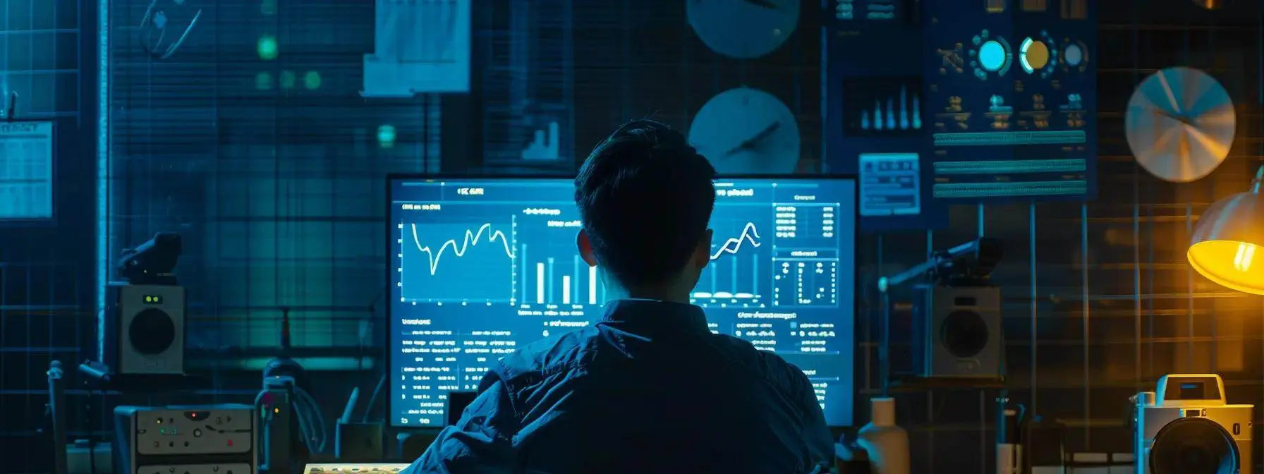 a man analyzing a screen displaying a graph of his website's spam score while surrounded by charts and graphs showcasing backlink profiles and email deliverability metrics. a man analyzing a screen displaying a graph of his website's spam score while surrounded by charts and graphs showcasing backlink profiles and email deliverability metrics.