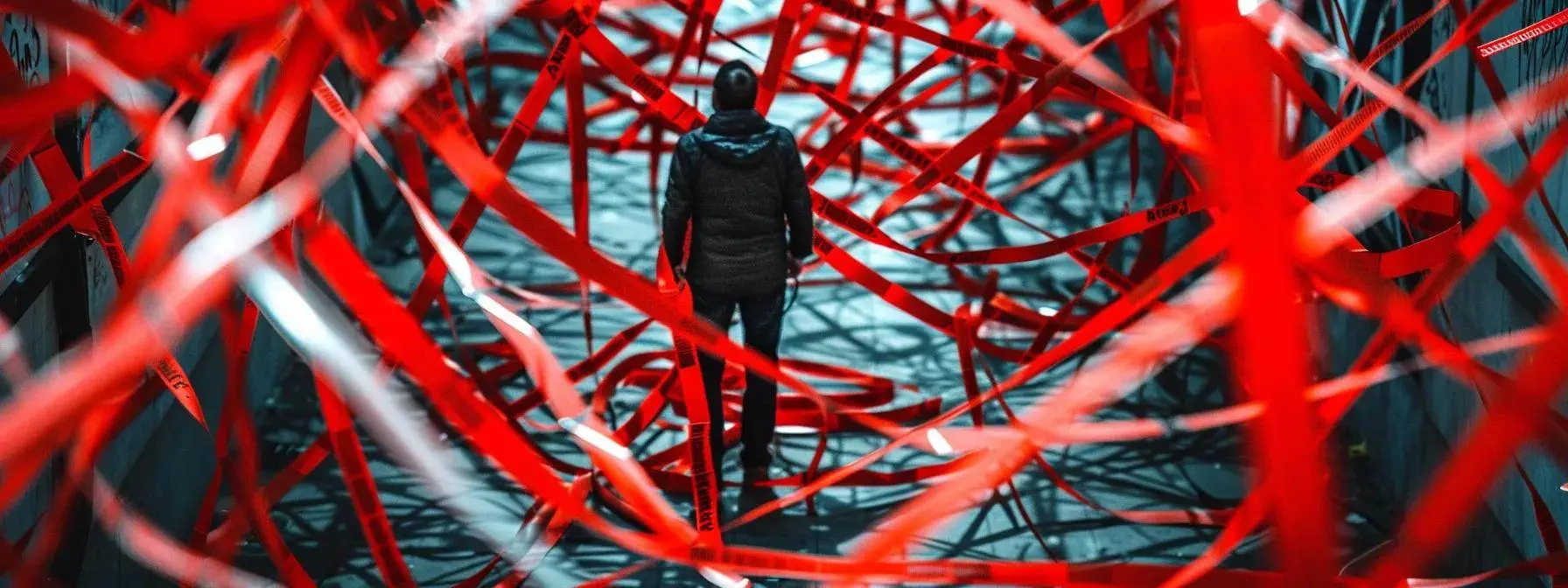 a man surrounded by tangled red tape and caution signs symbolizing the negative impact of high spam scores on seo strategy. a man surrounded by tangled red tape and caution signs symbolizing the negative impact of high spam scores on seo strategy.