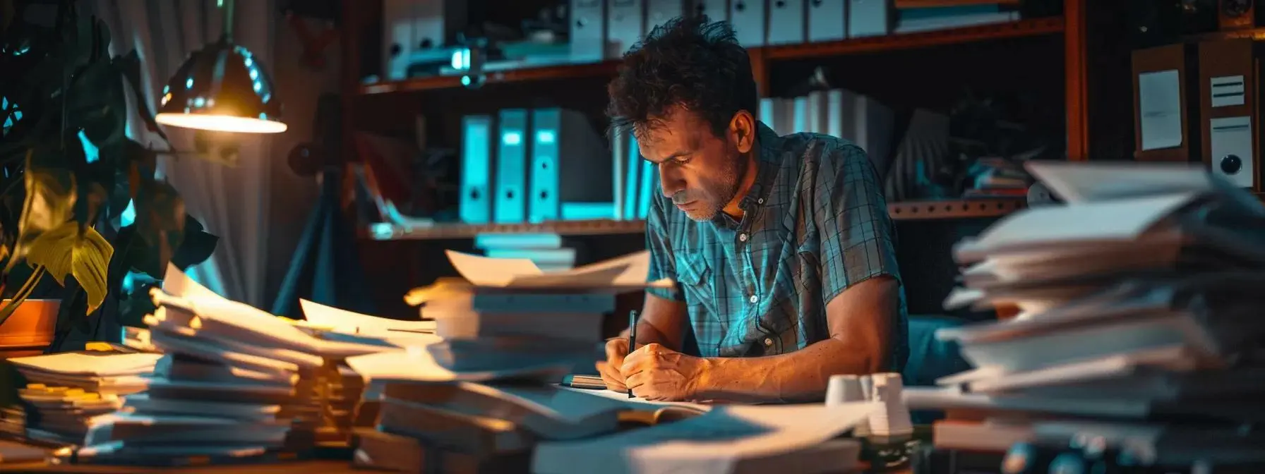 a man writing an article on wordpress, surrounded by stacks of papers with scattered keyphrases, highlighting common seo mistakes. a man writing an article on wordpress, surrounded by stacks of papers with scattered keyphrases, highlighting common seo mistakes.