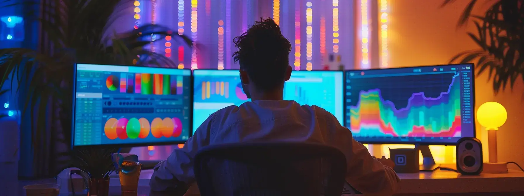 a person analyzing a computer screen filled with colorful graphs and data charts to benchmark competitor performance for seo strategies. a person analyzing a computer screen filled with colorful graphs and data charts to benchmark competitor performance for seo strategies.