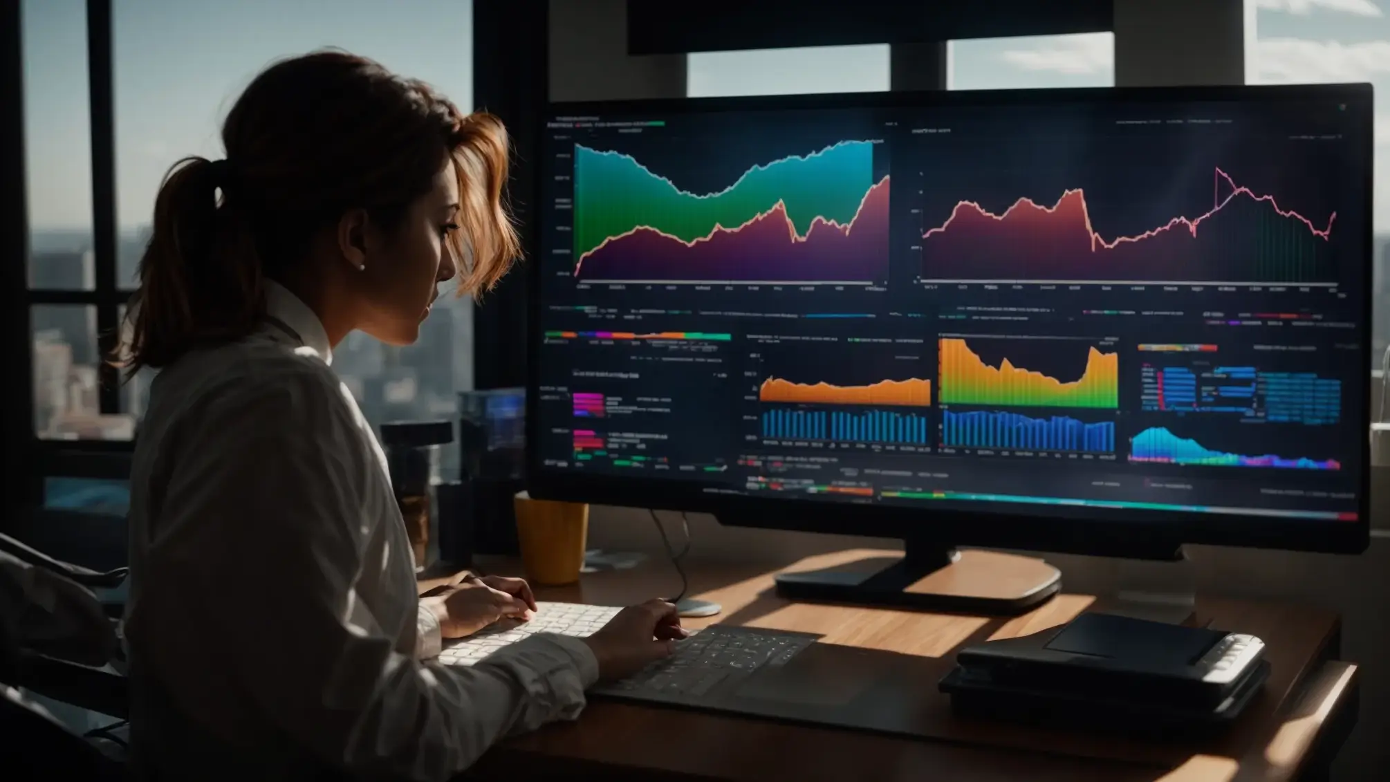 a person analyzing a computer screen filled with colorful graphs and charts, showcasing the power of data-driven seo insights for real estate success. a person analyzing a computer screen filled with colorful graphs and charts, showcasing the power of data-driven seo insights for real estate success.