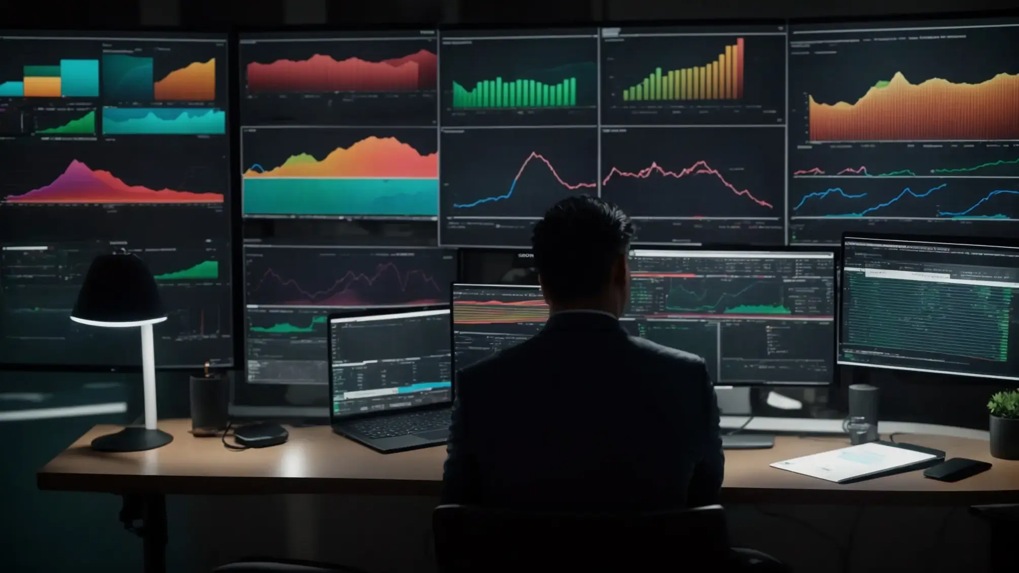 a person analyzing a detailed seo report, surrounded by colorful charts and graphs, while making adjustments to a website on a computer screen. a person analyzing a detailed seo report, surrounded by colorful charts and graphs, while making adjustments to a website on a computer screen.