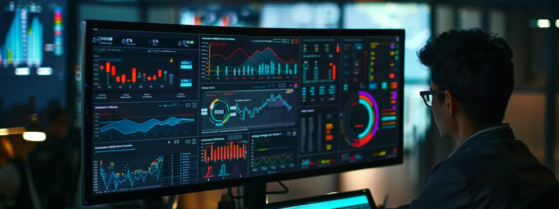 a person analyzing a real-time seo dashboard with colorful graphs and charts, making adjustments based on data trends for improved performance. a person analyzing a real-time seo dashboard with colorful graphs and charts, making adjustments based on data trends for improved performance.