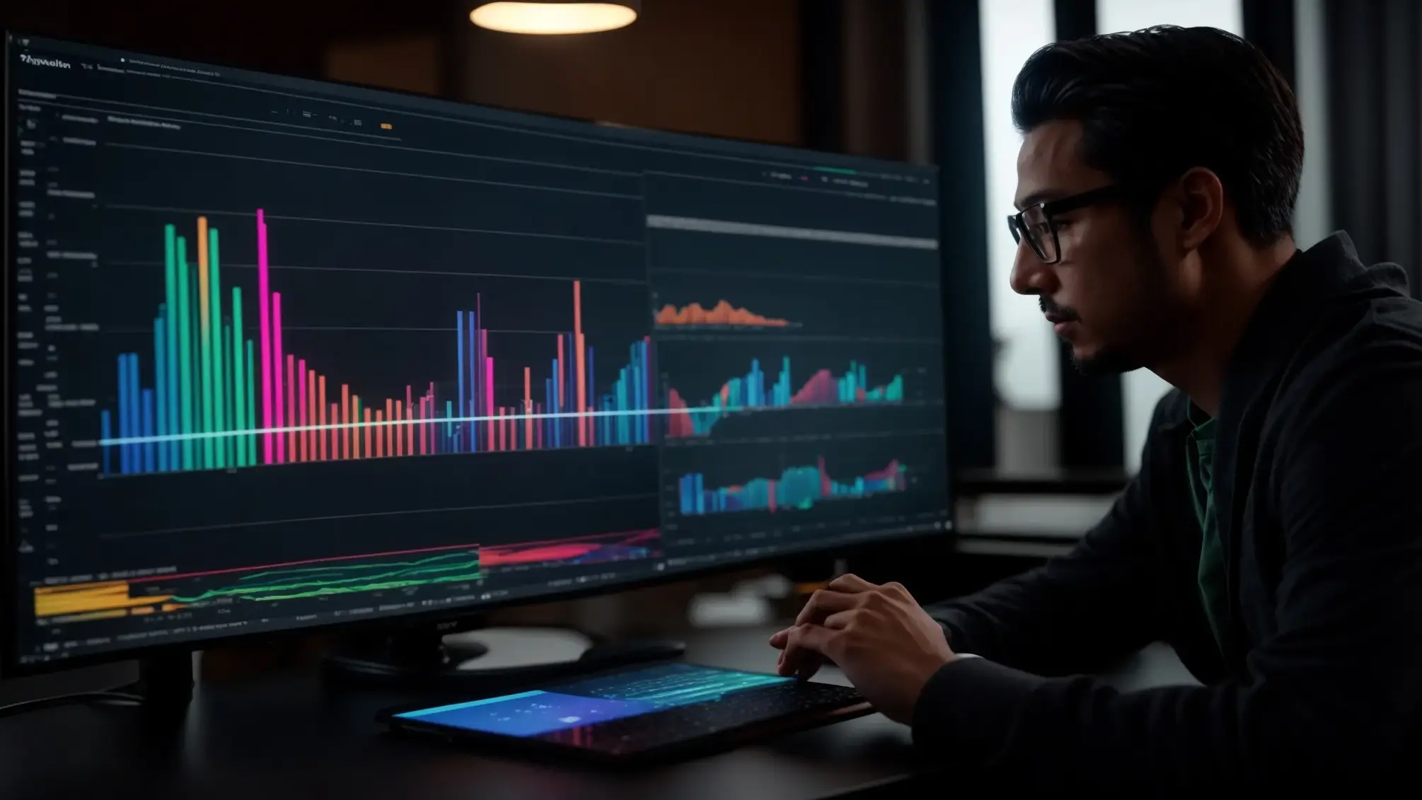 a person analyzing colorful graphs and charts on a computer screen to monitor seo progress and adjust strategies. a person analyzing colorful graphs and charts on a computer screen to monitor seo progress and adjust strategies.