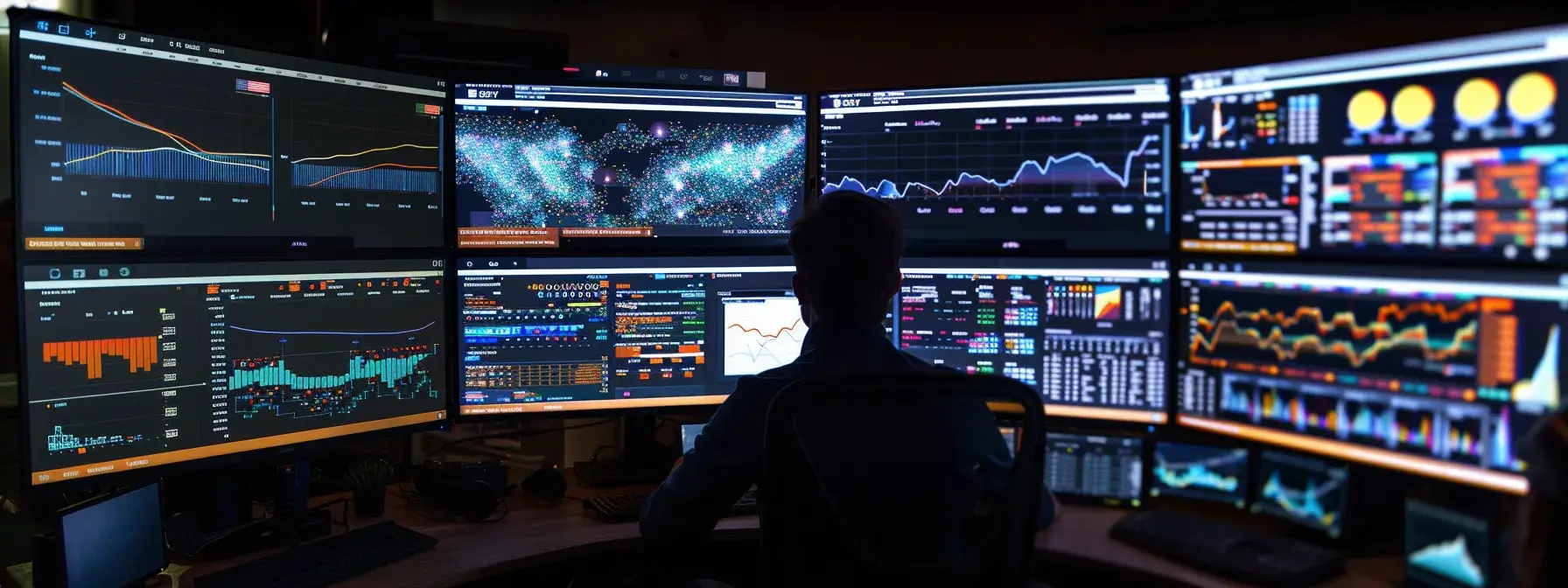 a person analyzing multiple charts and graphs showing keyword performance and traffic metrics on a computer screen. a person analyzing multiple charts and graphs showing keyword performance and traffic metrics on a computer screen.