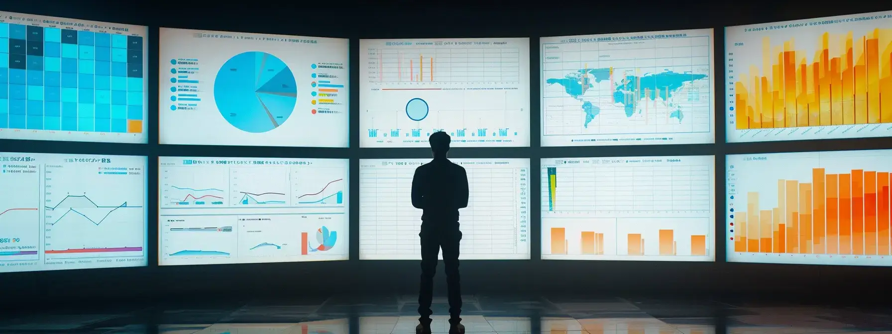 a person analyzing multiple screens displaying various seo performance metrics and data visualization tools. a person analyzing multiple screens displaying various seo performance metrics and data visualization tools.