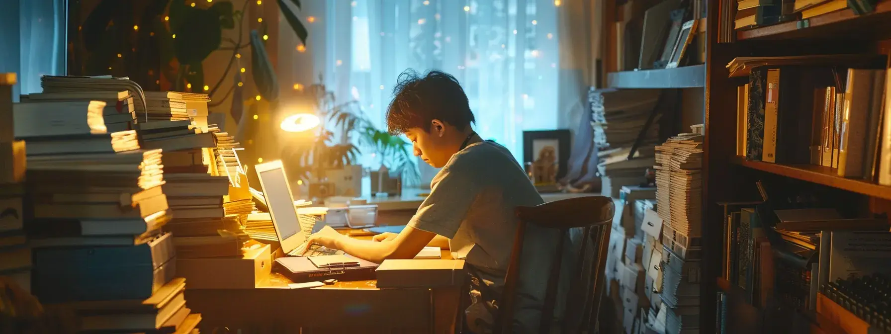 a person crafting quality content surrounded by stacks of niche keywords with high conversion potential in a cozy home office setting. a person crafting quality content surrounded by stacks of niche keywords with high conversion potential in a cozy home office setting.