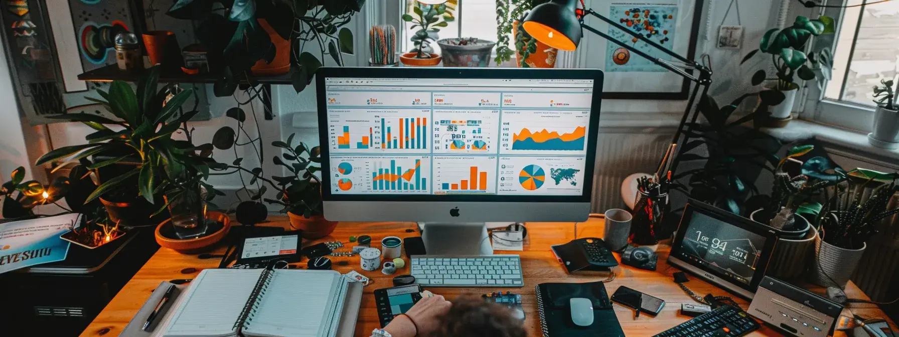 a person examining a computer screen displaying colorful charts and graphs from ahrefs and semrush, surrounded by various seo tools and notebooks on a cluttered desk. a person examining a computer screen displaying colorful charts and graphs from ahrefs and semrush, surrounded by various seo tools and notebooks on a cluttered desk.