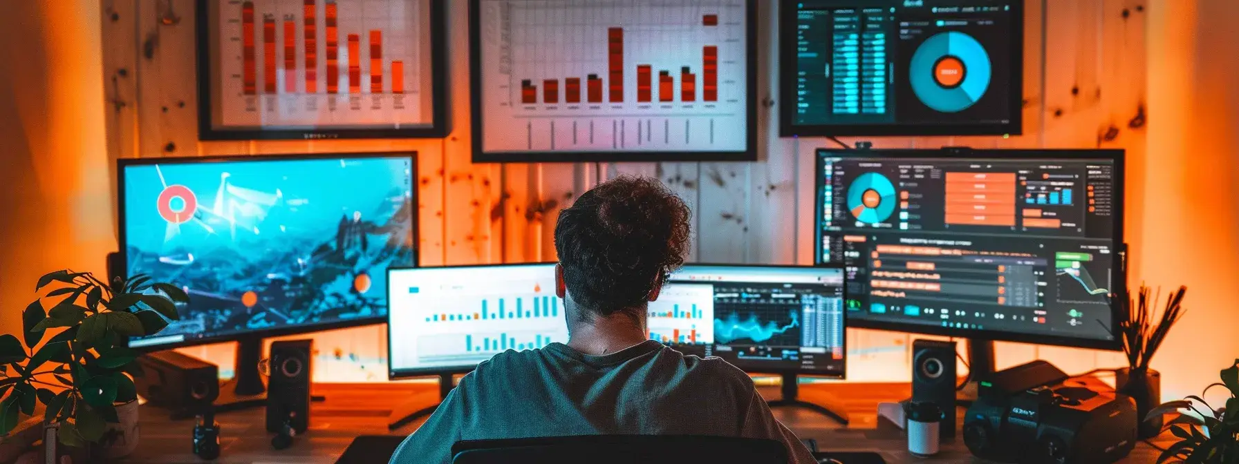 a person sitting at a desk, surrounded by computer screens displaying various keyword analysis tools, with graphs and charts showing seo metrics. a person sitting at a desk, surrounded by computer screens displaying various keyword analysis tools, with graphs and charts showing seo metrics.