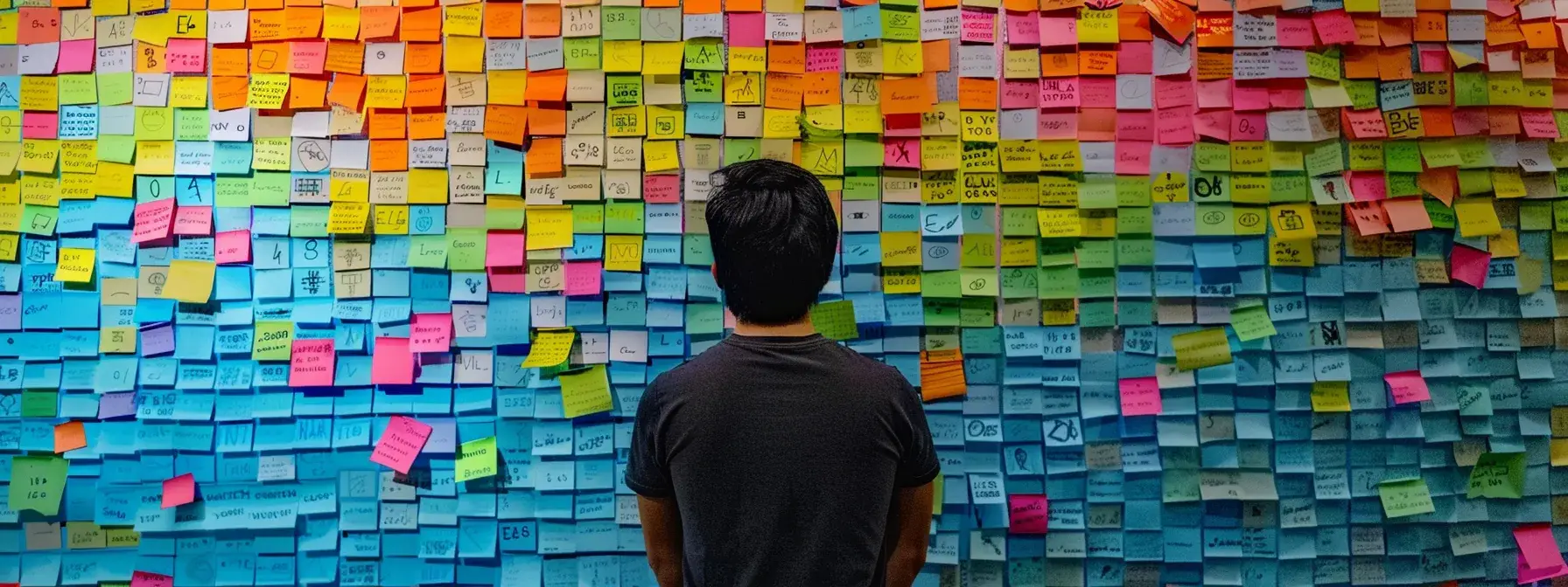 a person studying a wall covered in colorful sticky notes mapping out competitor keywords in the local real estate market. a person studying a wall covered in colorful sticky notes mapping out competitor keywords in the local real estate market.