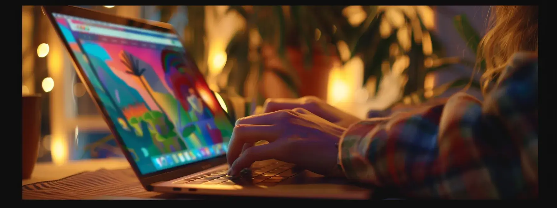 a person typing on a laptop with a focus on the screen displaying a colorful, responsive web design layout. a person typing on a laptop with a focus on the screen displaying a colorful, responsive web design layout.
