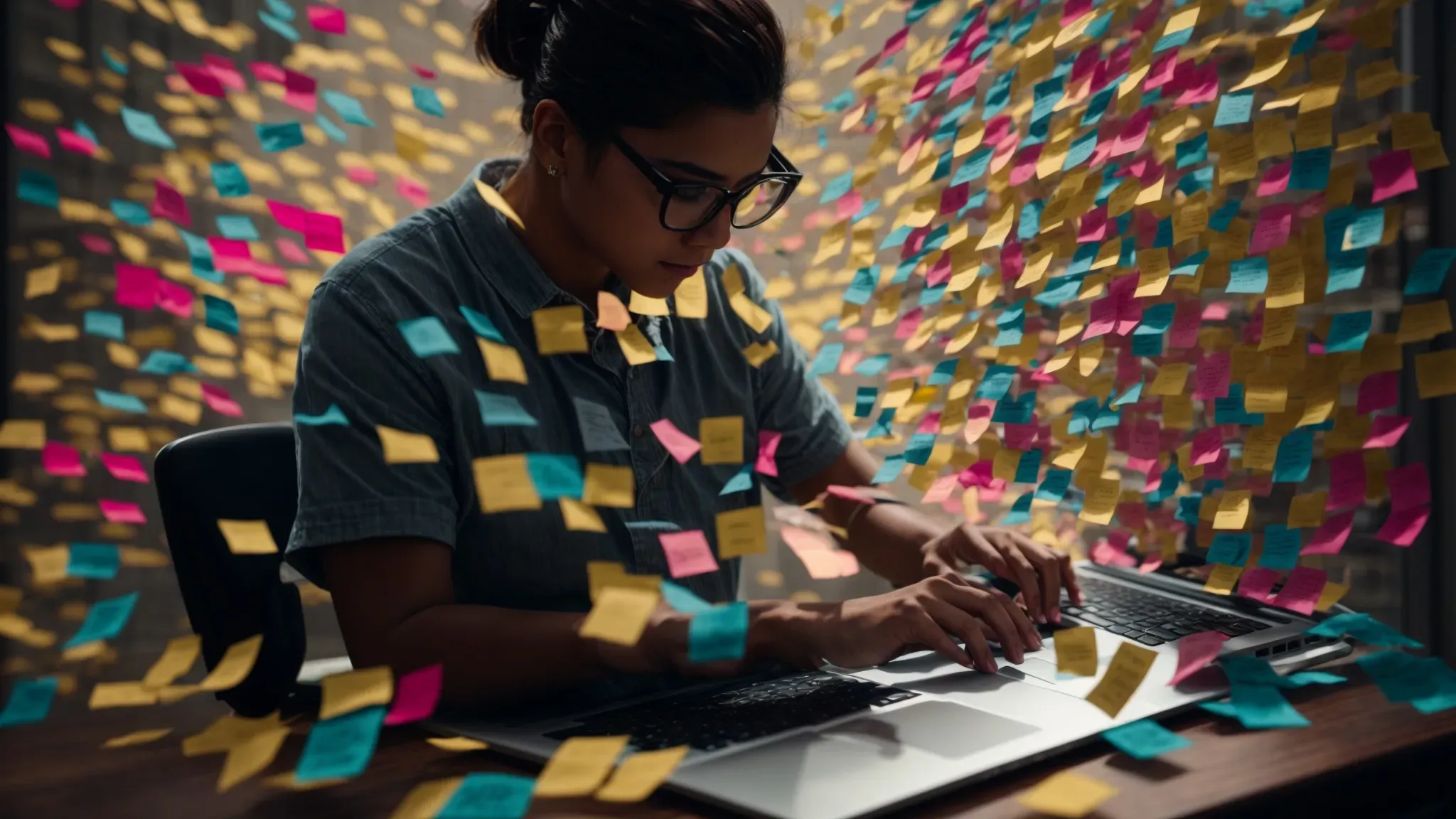 a person typing on a laptop, surrounded by colorful sticky notes with various keywords written on them. a person typing on a laptop, surrounded by colorful sticky notes with various keywords written on them.