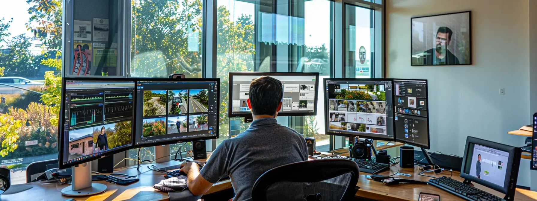 a photographer capturing a person at a desk surrounded by computer screens displaying trending keywords, property listings, and social media analytics, highlighting the process of crafting a keyword-driven content strategy for rei marketing. a photographer capturing a person at a desk surrounded by computer screens displaying trending keywords, property listings, and social media analytics, highlighting the process of crafting a keyword-driven content strategy for rei marketing.