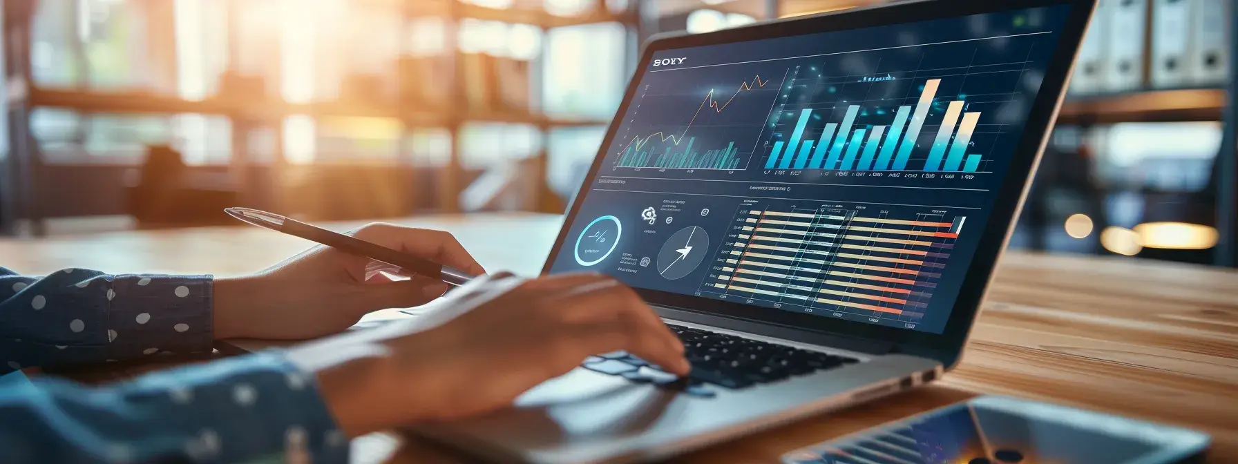 a real estate agent analyzing website traffic data and ranking changes on a laptop with focused determination in a modern office setting. a real estate agent analyzing website traffic data and ranking changes on a laptop with focused determination in a modern office setting.