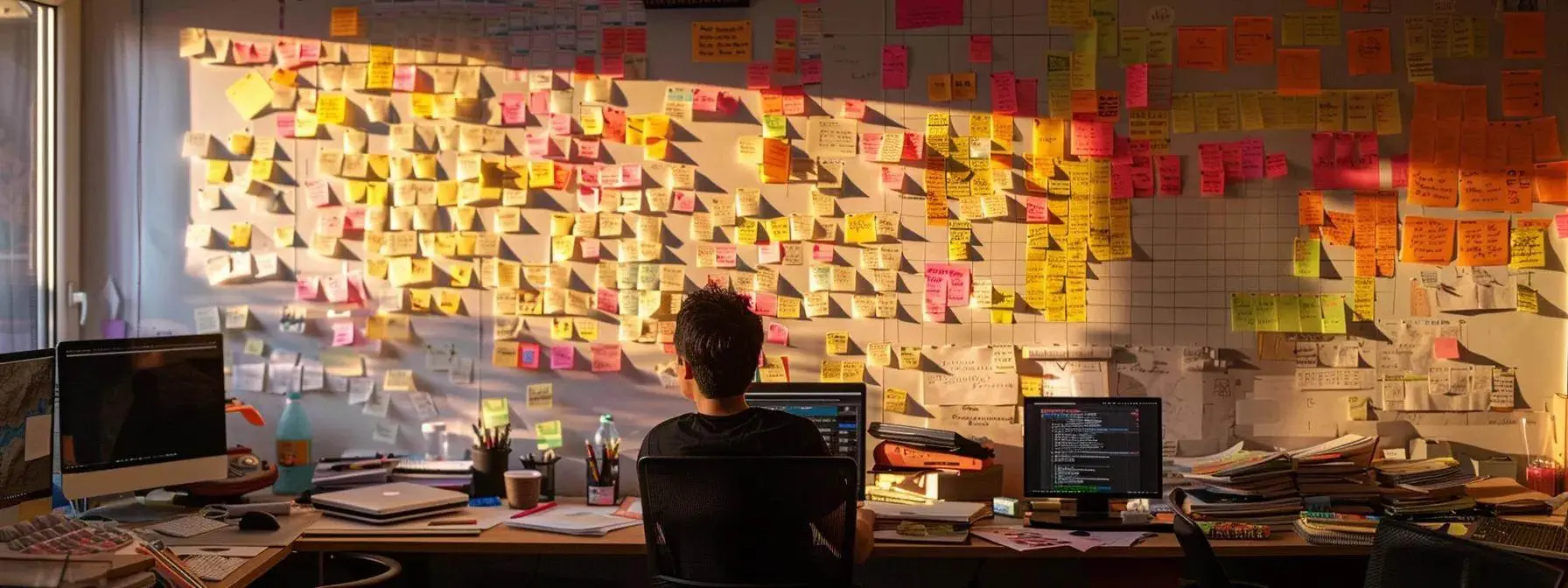 a focused seo professional surrounded by stacks of content drafts, strategically mapping out topics on a whiteboard covered in colorful sticky notes. a focused seo professional surrounded by stacks of content drafts, strategically mapping out topics on a whiteboard covered in colorful sticky notes.
