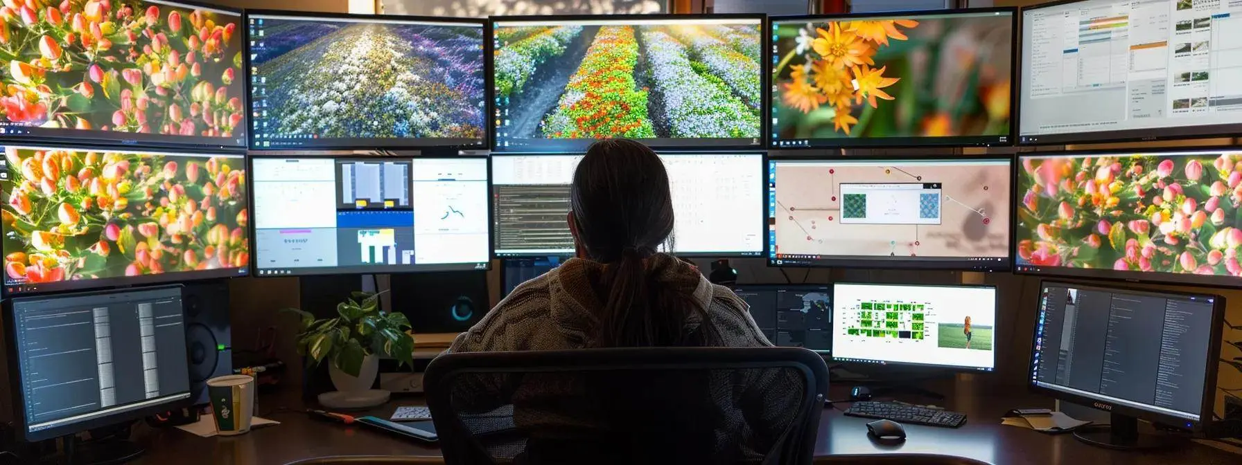 a focused seo strategist analyzing data on multiple computer screens in a modern, tech-savvy office setting. a focused seo strategist analyzing data on multiple computer screens in a modern, tech-savvy office setting.