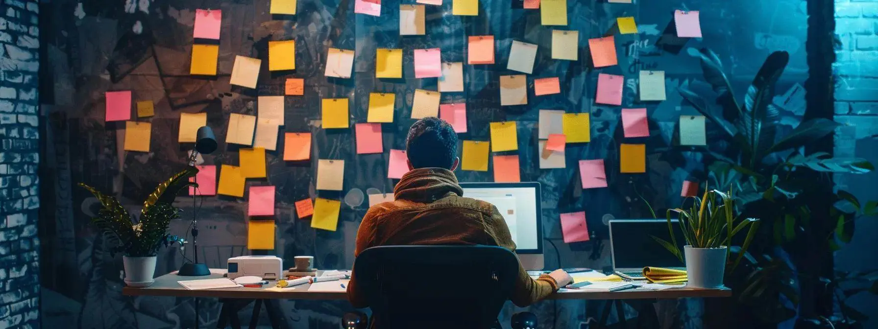 a person sitting at a desk surrounded by sticky notes with various low-hanging fruit keywords, strategizing their seo approach. a person sitting at a desk surrounded by sticky notes with various low-hanging fruit keywords, strategizing their seo approach.