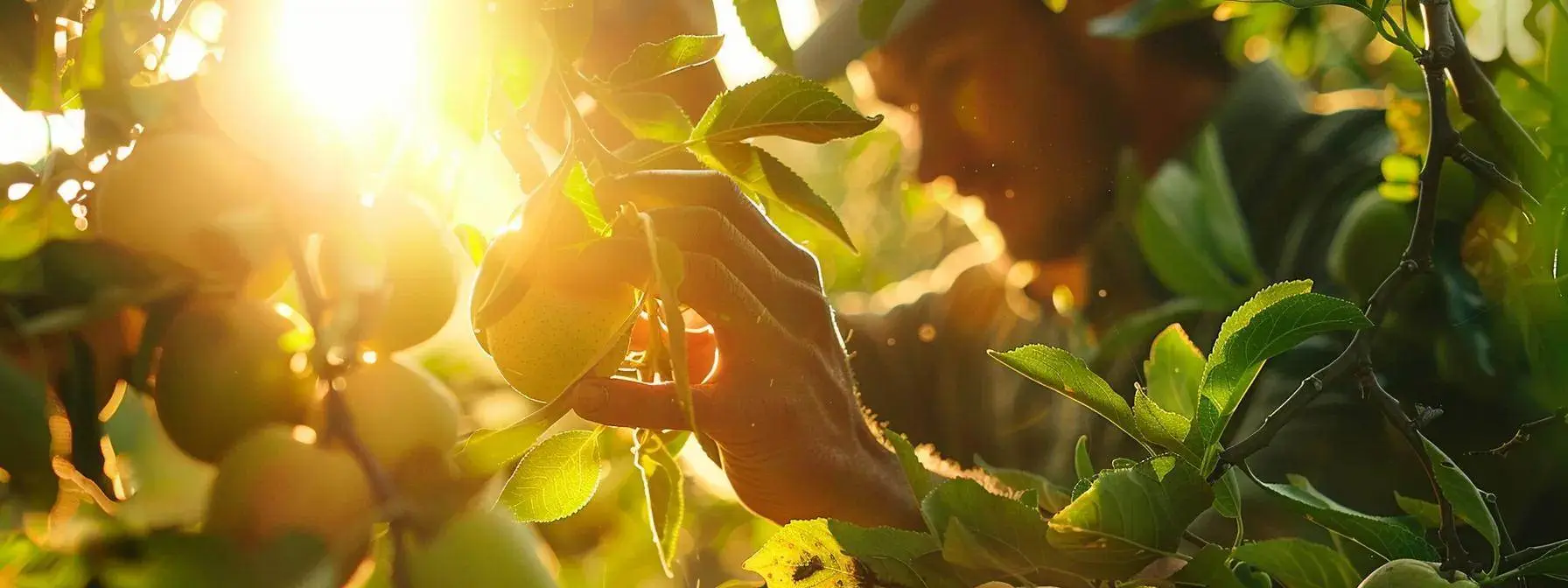 a person strategically selecting ripe, low-hanging fruit from a tree in a sunny orchard. a person strategically selecting ripe, low-hanging fruit from a tree in a sunny orchard.