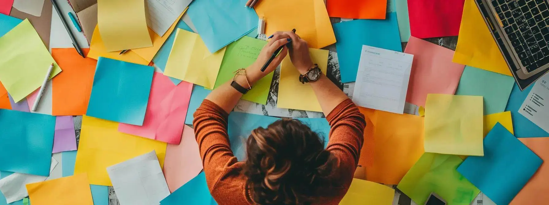 a person surrounded by colorful sticky notes and keyword research tools, brainstorming core topics for an seo article. a person surrounded by colorful sticky notes and keyword research tools, brainstorming core topics for an seo article.