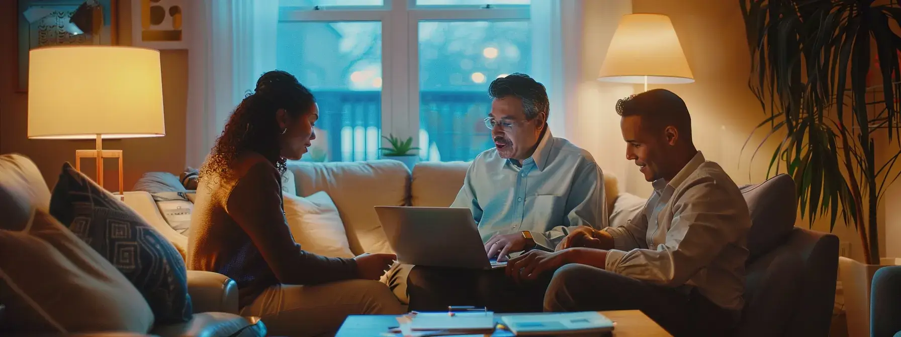 a real estate agent sitting with clients in a cozy living room, discussing personalized content strategies on a laptop while surrounded by glowing testimonials and positive reviews. a real estate agent sitting with clients in a cozy living room, discussing personalized content strategies on a laptop while surrounded by glowing testimonials and positive reviews.