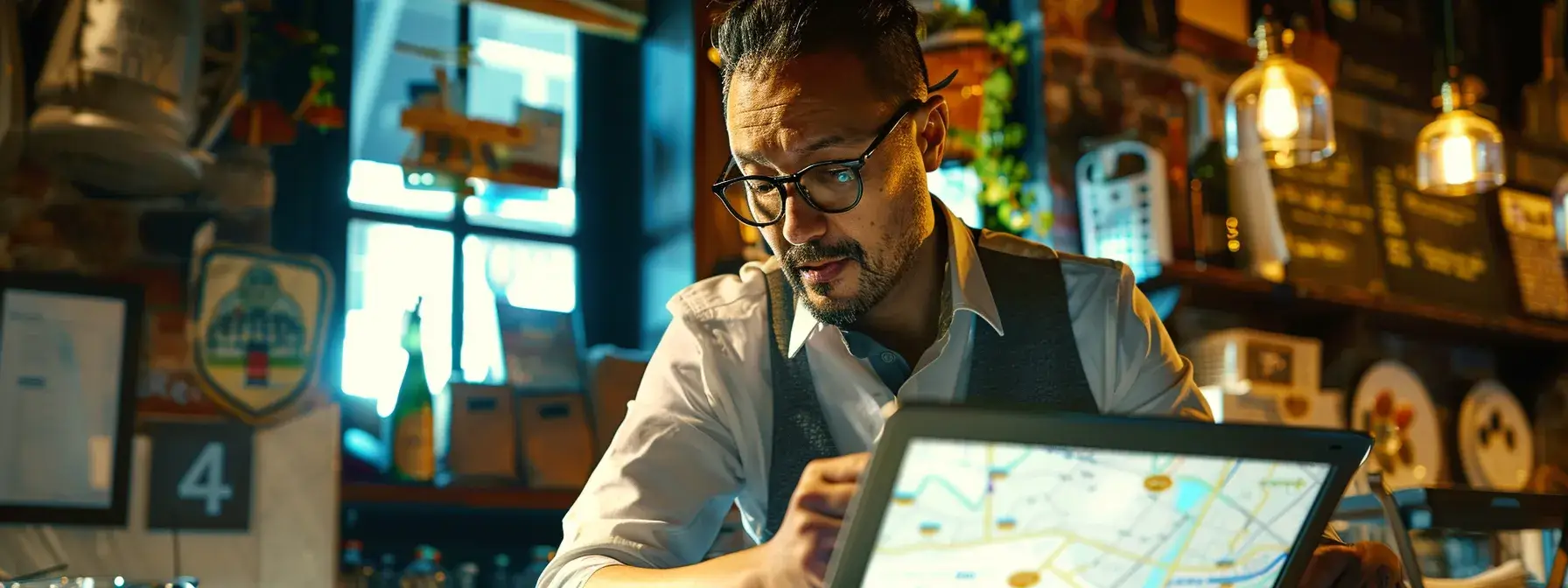 a real estate agent updating their business listing on a laptop, surrounded by maps and customer reviews, in a bustling city cafe. a real estate agent updating their business listing on a laptop, surrounded by maps and customer reviews, in a bustling city cafe.