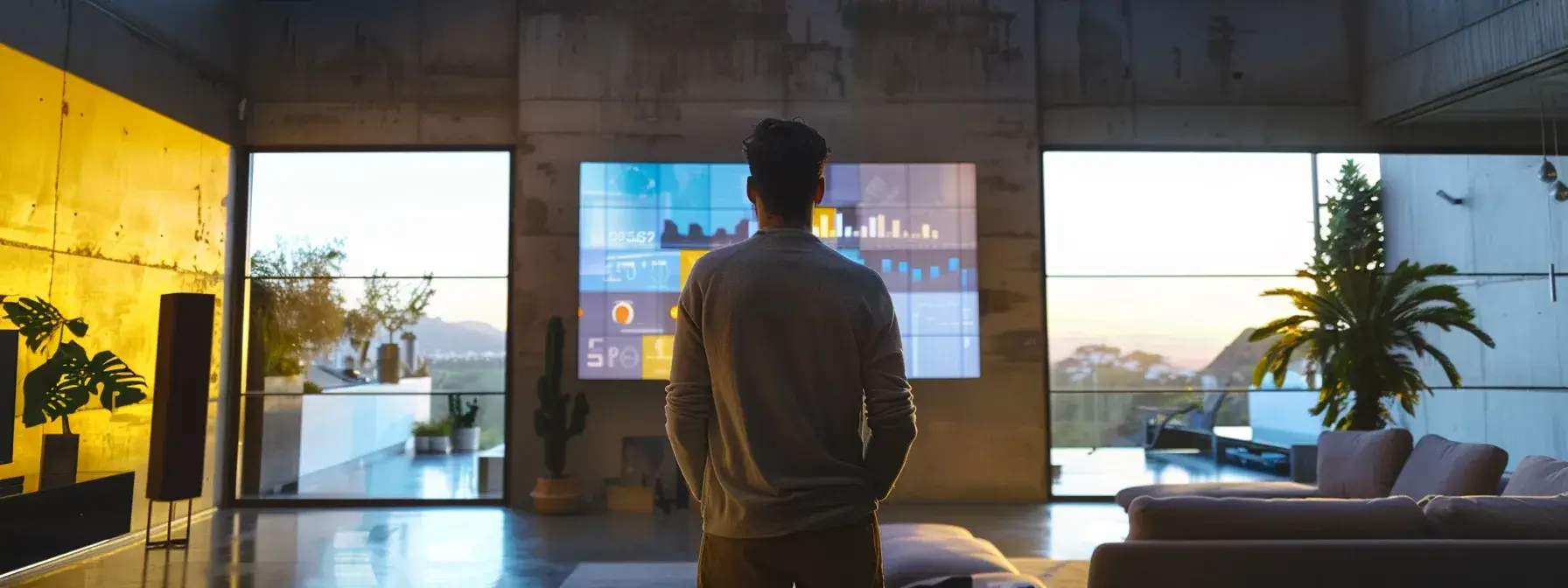 a real estate marketer analyzing data on a futuristic digital screen to adapt to current trends in content marketing. a real estate marketer analyzing data on a futuristic digital screen to adapt to current trends in content marketing.