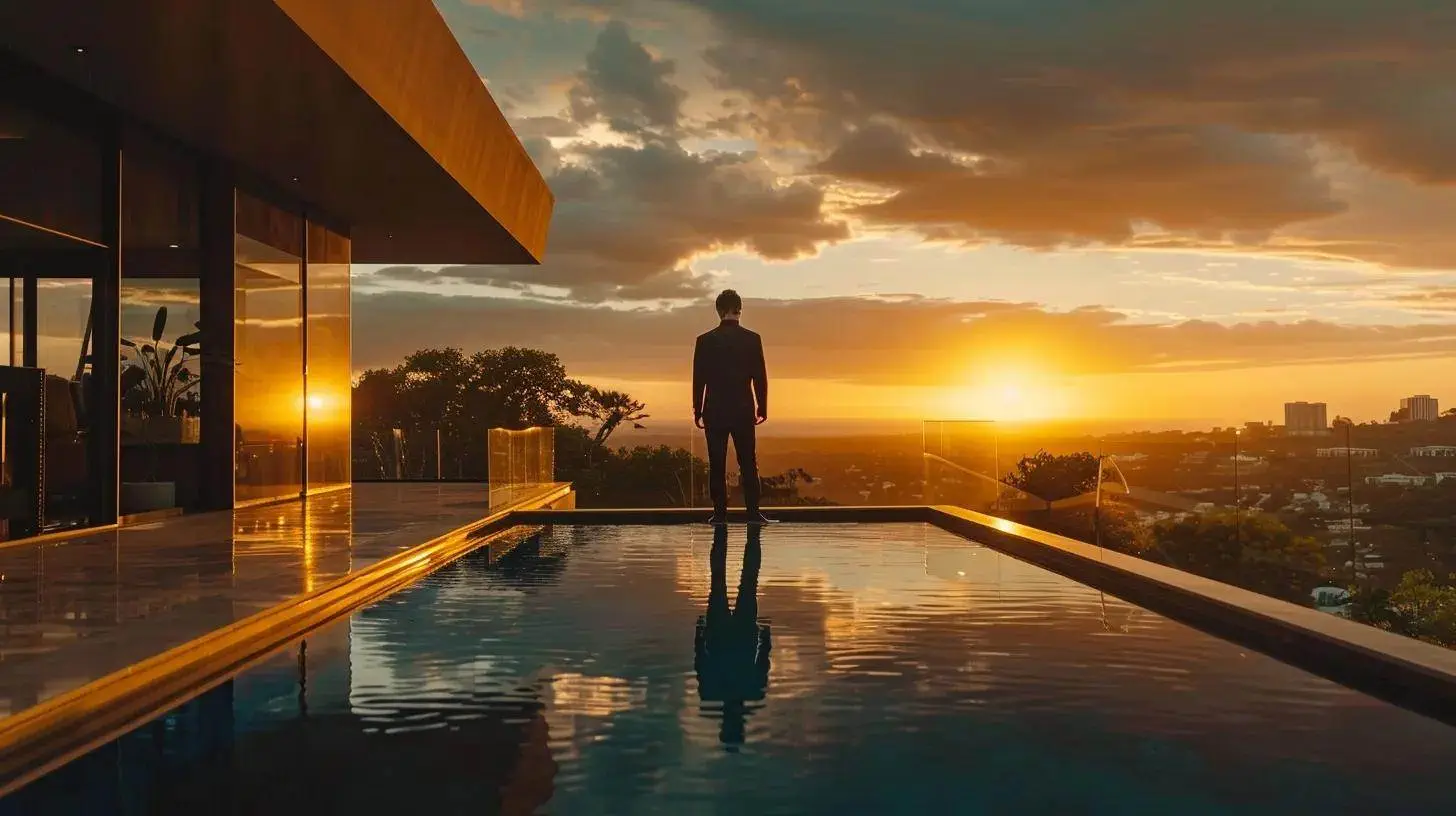 a bold real estate agent confidently presents a stunning, modern property against a backdrop of a vibrant sunset, showcasing the importance of a unique and evolving brand identity in a competitive market. a bold real estate agent confidently presents a stunning, modern property against a backdrop of a vibrant sunset, showcasing the importance of a unique and evolving brand identity in a competitive market.