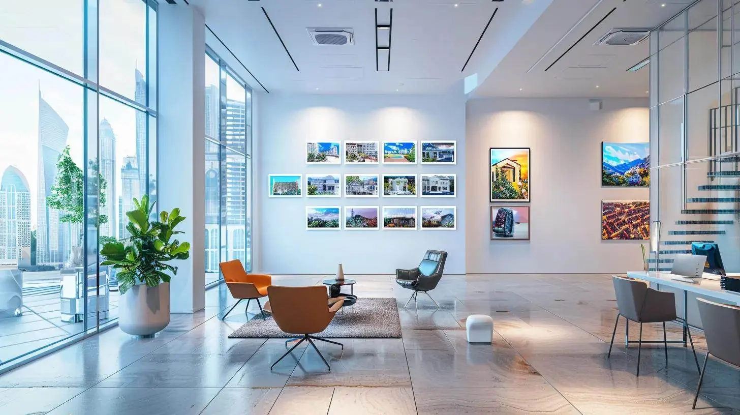 a bright, modern office environment showcases a sleek, inspirational vision board filled with dynamic real estate slogans, surrounded by vibrant imagery of homes, conveying the essence of successful branding and client connection. a bright, modern office environment showcases a sleek, inspirational vision board filled with dynamic real estate slogans, surrounded by vibrant imagery of homes, conveying the essence of successful branding and client connection.