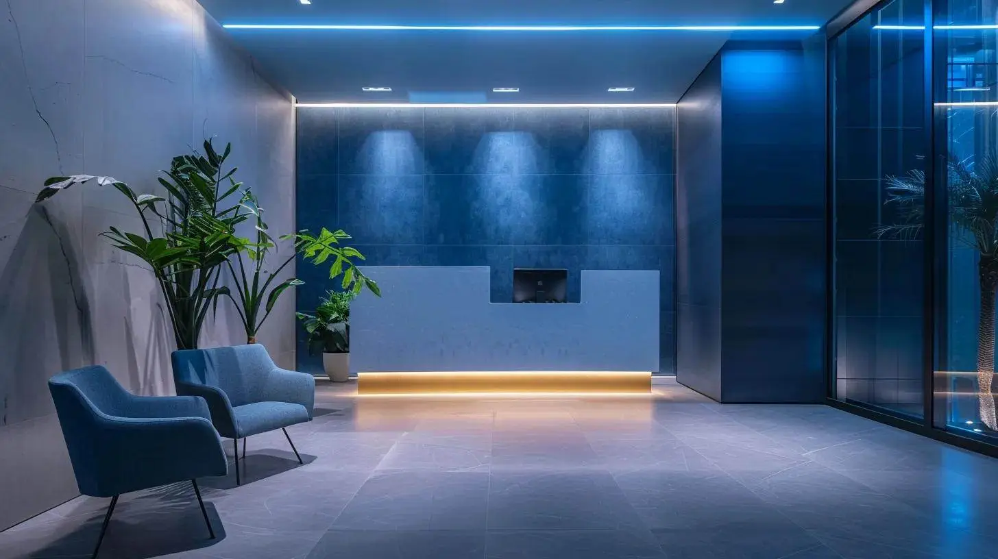 a captivating visual of a modern real estate office bathed in soft, tranquil navy blue lighting, showcasing a sleek, minimalist design that evokes a sense of calm and professionalism. a captivating visual of a modern real estate office bathed in soft, tranquil navy blue lighting, showcasing a sleek, minimalist design that evokes a sense of calm and professionalism.