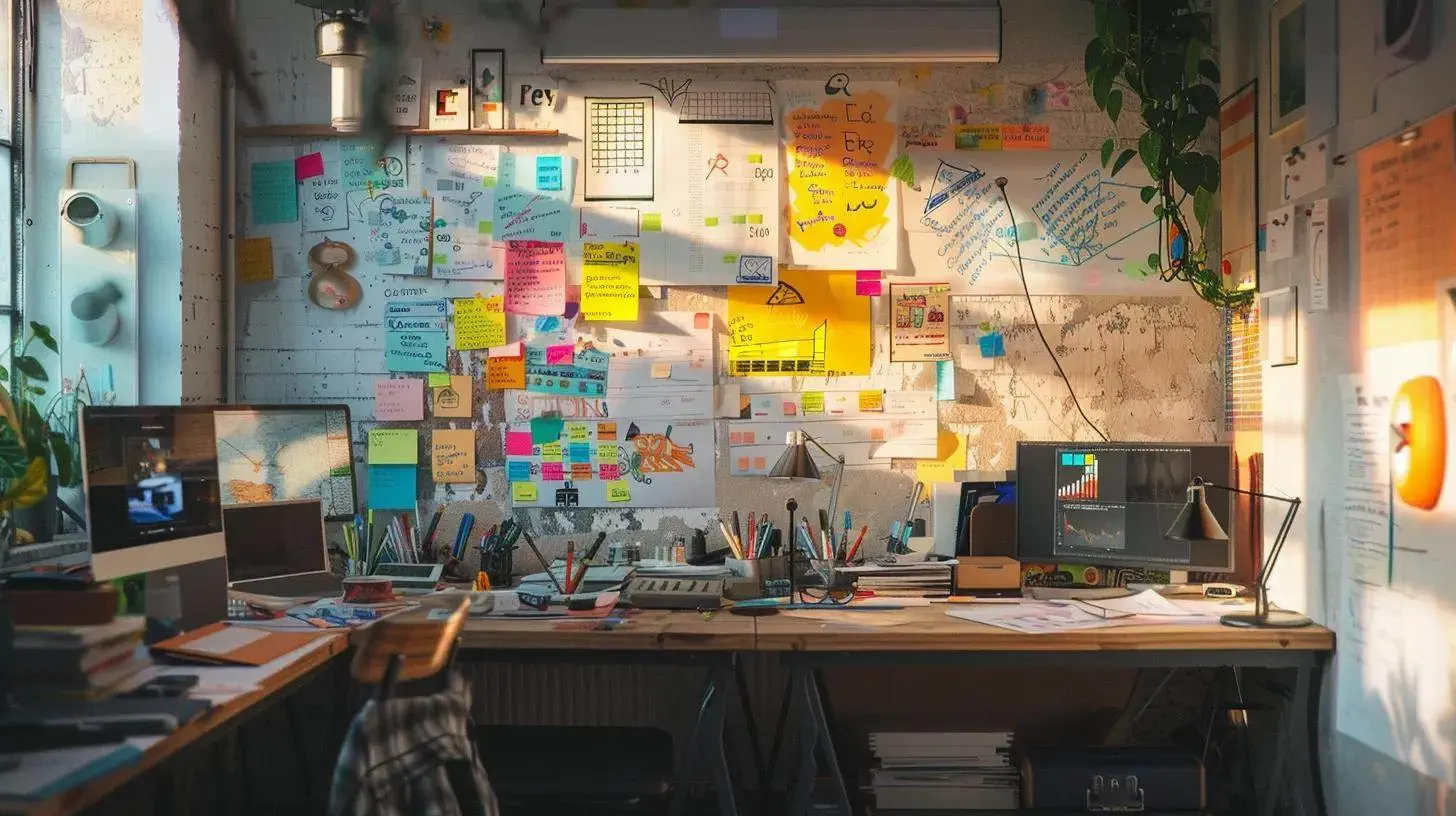 a captivating workspace filled with vibrant brainstorming notes and colorful charts, showcasing the energetic process of crafting a distinctive real estate slogan under bright, natural light. a captivating workspace filled with vibrant brainstorming notes and colorful charts, showcasing the energetic process of crafting a distinctive real estate slogan under bright, natural light.