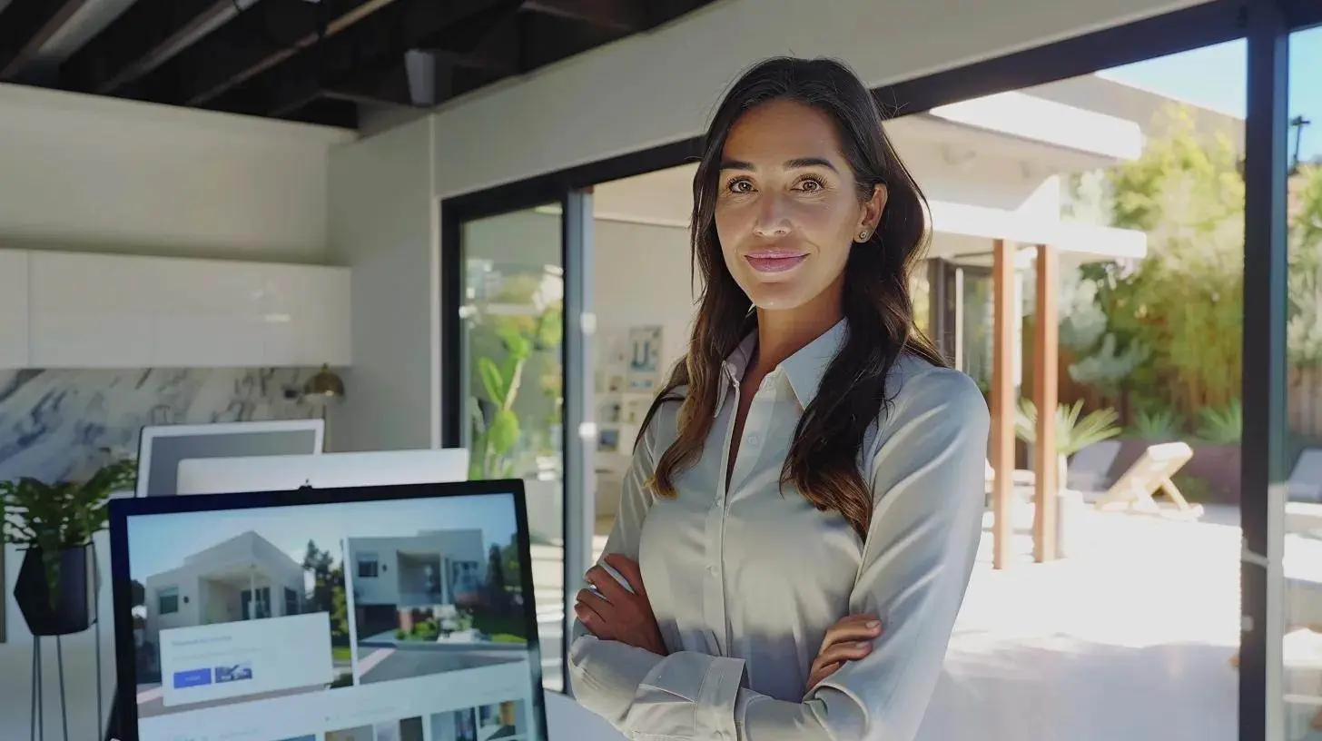 a dynamic real estate agent confidently presenting a beautifully staged property, with an engaging website and vibrant social media posts reflected on a digital screen in a sunlit, modern office setting. a dynamic real estate agent confidently presenting a beautifully staged property, with an engaging website and vibrant social media posts reflected on a digital screen in a sunlit, modern office setting.