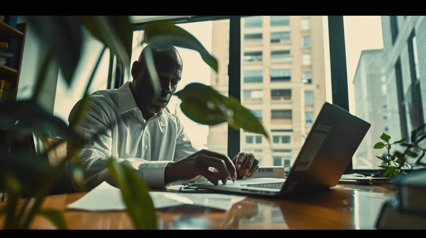 a focused landlord reviewing a tenant application in a well-lit, modern office, surrounded by essential documents and a laptop, embodies the theme of diligent tenant screening. a focused landlord reviewing a tenant application in a well-lit, modern office, surrounded by essential documents and a laptop, embodies the theme of diligent tenant screening.