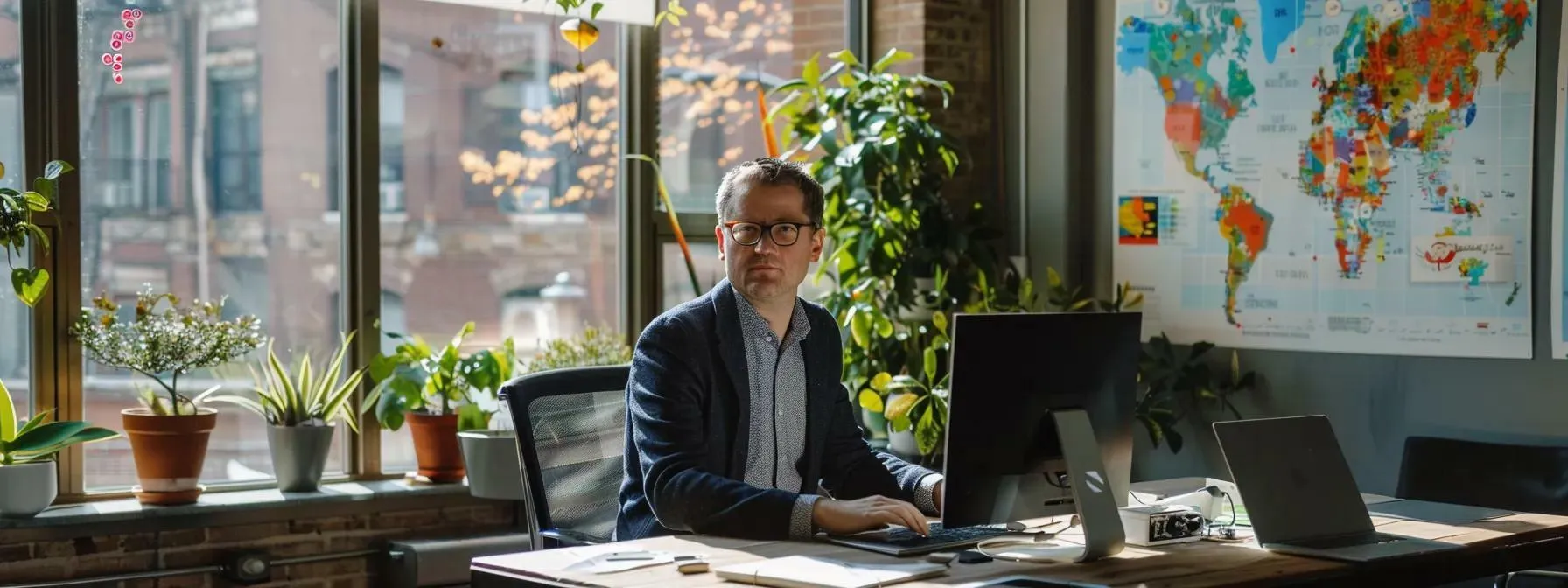 a focused, professional man sits at a sleek desk surrounded by a visually vibrant topical map, collaborating with digital tools to enhance his seo strategy under soft, natural light streaming in through a large window. a focused, professional man sits at a sleek desk surrounded by a visually vibrant topical map, collaborating with digital tools to enhance his seo strategy under soft, natural light streaming in through a large window.
