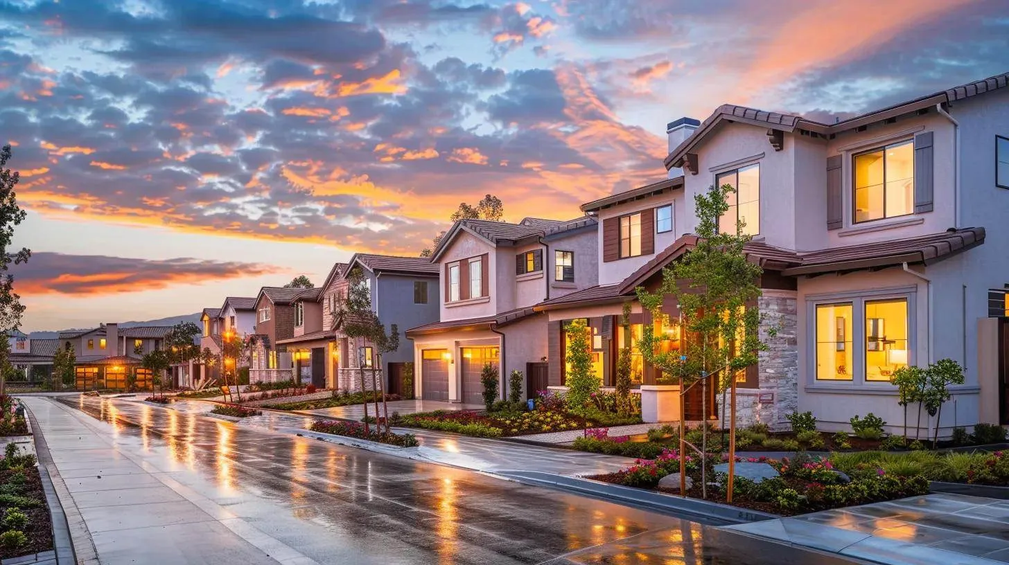 a luminous sunset casts a warm glow over a serene suburban neighborhood, highlighting a row of charming houses, symbolizing the potential for wealth growth through real estate investments. a luminous sunset casts a warm glow over a serene suburban neighborhood, highlighting a row of charming houses, symbolizing the potential for wealth growth through real estate investments.