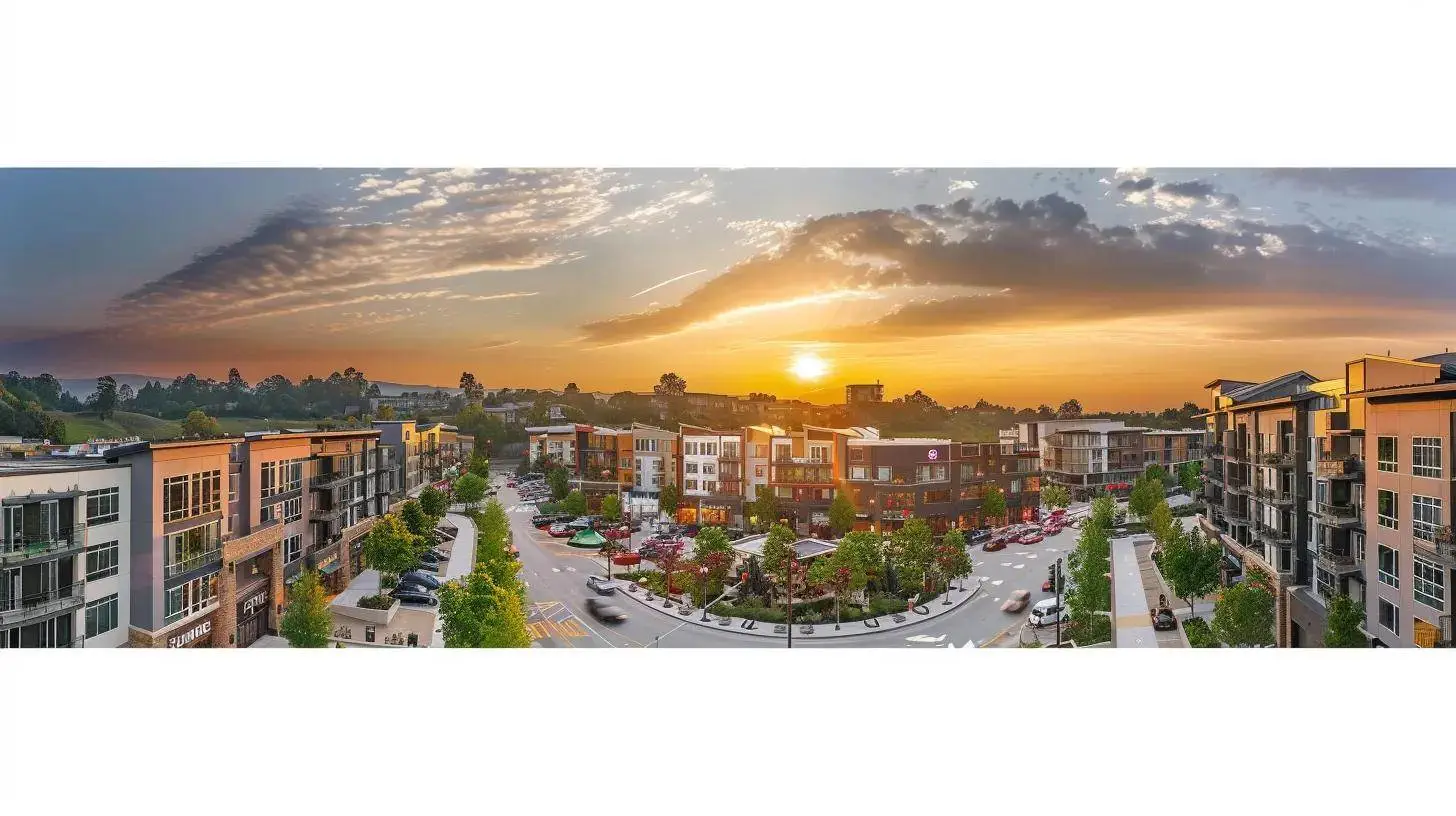 a panoramic view of a bustling urban neighborhood, featuring modern apartments and vibrant shops, contrasted against a serene rural landscape with quaint homes, symbolizing the dynamic relationship between location and property value. a panoramic view of a bustling urban neighborhood, featuring modern apartments and vibrant shops, contrasted against a serene rural landscape with quaint homes, symbolizing the dynamic relationship between location and property value.