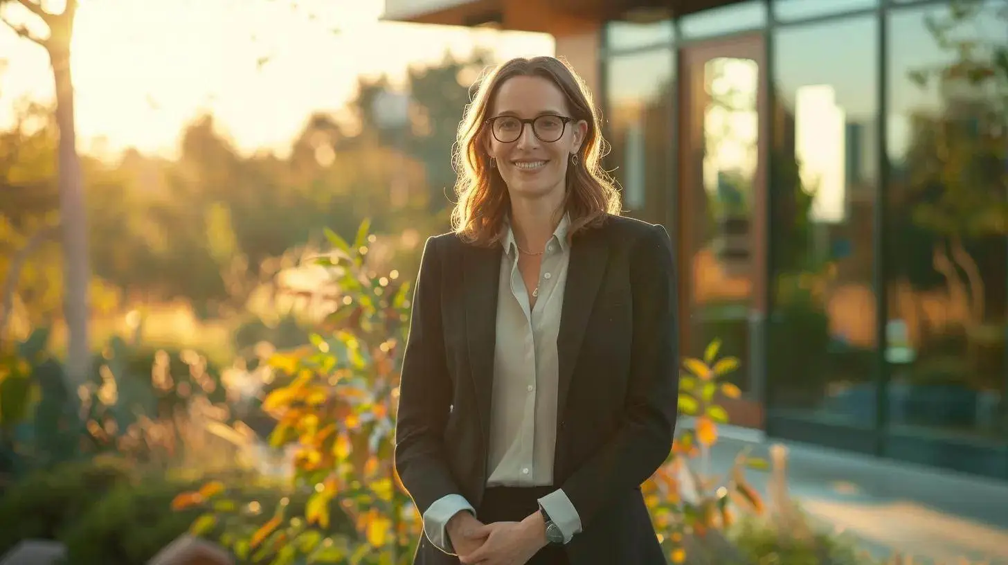a professional real estate agent stands confidently in front of a sleek office building, surrounded by vibrant greenery, symbolizing trust and transparency in email marketing practices, illuminated by warm, natural sunlight. a professional real estate agent stands confidently in front of a sleek office building, surrounded by vibrant greenery, symbolizing trust and transparency in email marketing practices, illuminated by warm, natural sunlight.