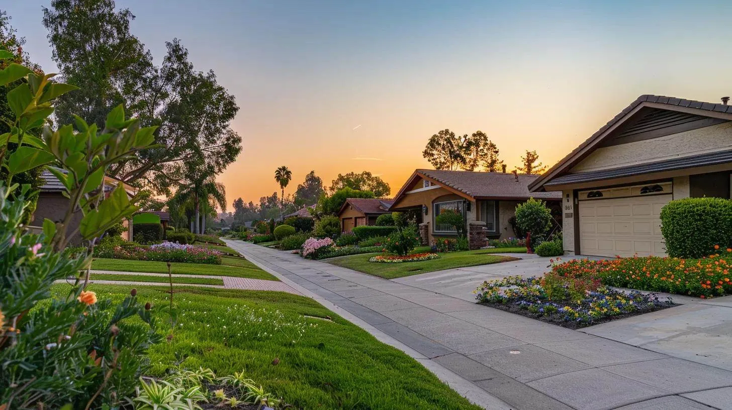 a serene suburban neighborhood at sunset, showcasing a row of well-maintained rental properties with vibrant gardens, symbolizing the stability and potential of passive income through real estate investments. a serene suburban neighborhood at sunset, showcasing a row of well-maintained rental properties with vibrant gardens, symbolizing the stability and potential of passive income through real estate investments.
