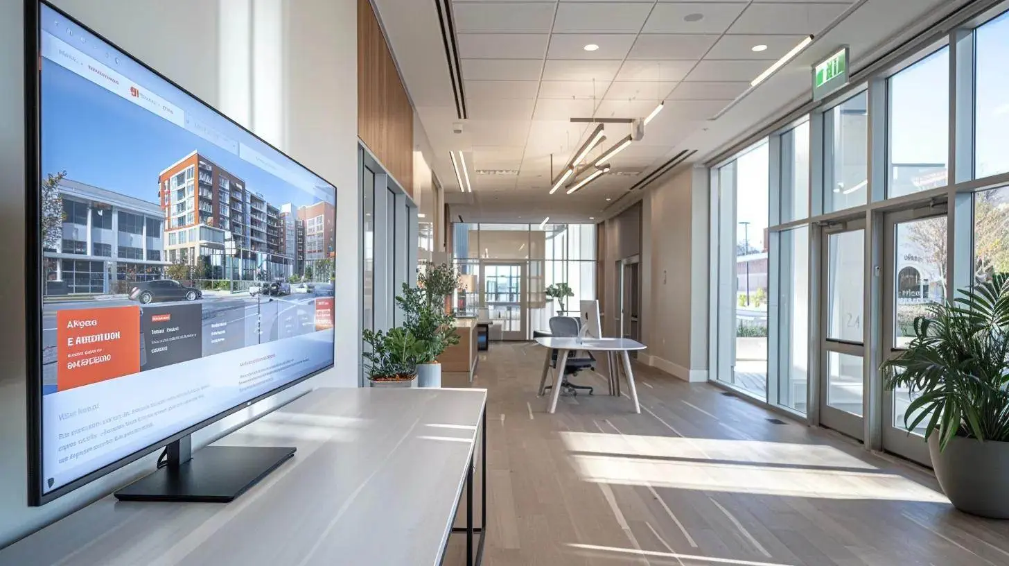 a sleek, modern office space with a vibrant real estate website displayed on a large monitor, surrounded by inspiring design elements and an atmosphere of innovation and professionalism, illuminated by soft natural light streaming through a nearby window. a sleek, modern office space with a vibrant real estate website displayed on a large monitor, surrounded by inspiring design elements and an atmosphere of innovation and professionalism, illuminated by soft natural light streaming through a nearby window.