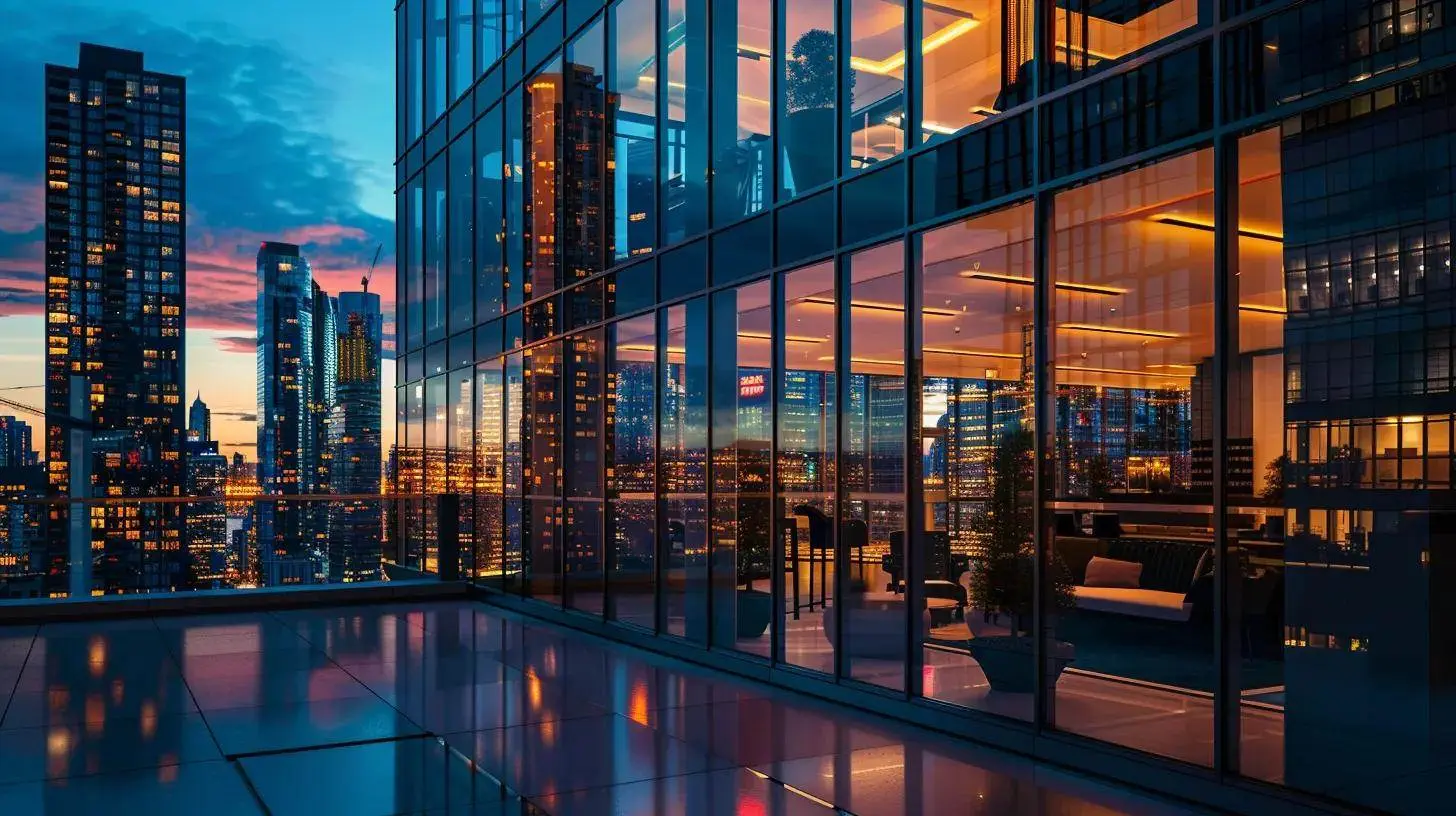 a sleek, modern real estate office with large glass windows reflecting a vibrant city skyline, illuminated by warm evening light, symbolizing a bold and authentic brand identity. a sleek, modern real estate office with large glass windows reflecting a vibrant city skyline, illuminated by warm evening light, symbolizing a bold and authentic brand identity.