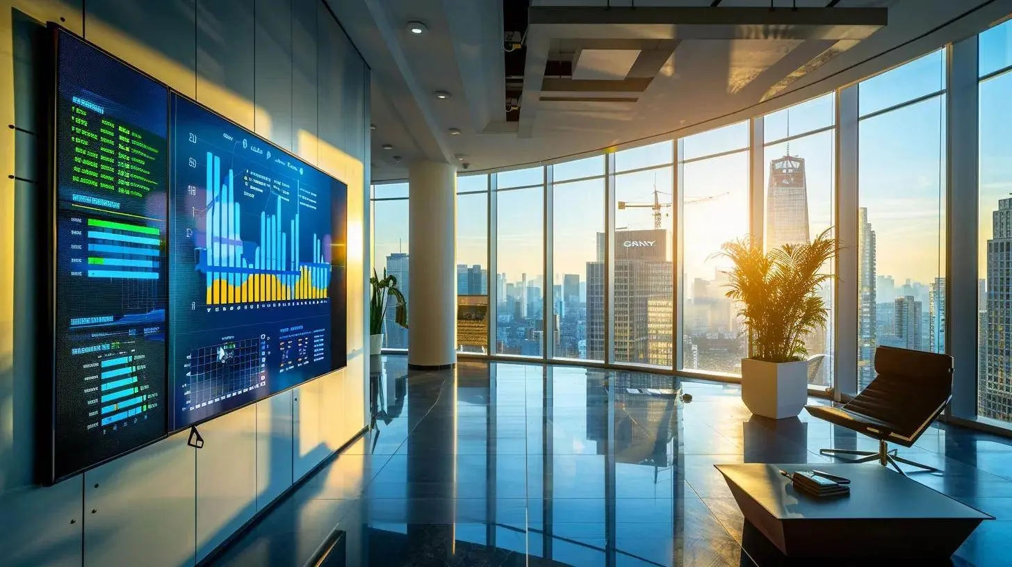 a sleek, modern real estate office with a prominent digital display showcasing vibrant graphs and charts illustrating rental yield calculations, all bathed in bright, natural light streaming through large floor-to-ceiling windows. a sleek, modern real estate office with a prominent digital display showcasing vibrant graphs and charts illustrating rental yield calculations, all bathed in bright, natural light streaming through large floor-to-ceiling windows.