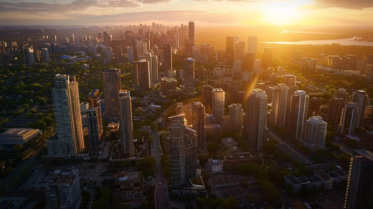 a striking aerial view of a diverse urban landscape showcasing varying investment properties, with lush greenery interspersed among modern and historic buildings, illuminated by the warm glow of a golden sunset. a striking aerial view of a diverse urban landscape showcasing varying investment properties, with lush greenery interspersed among modern and historic buildings, illuminated by the warm glow of a golden sunset.