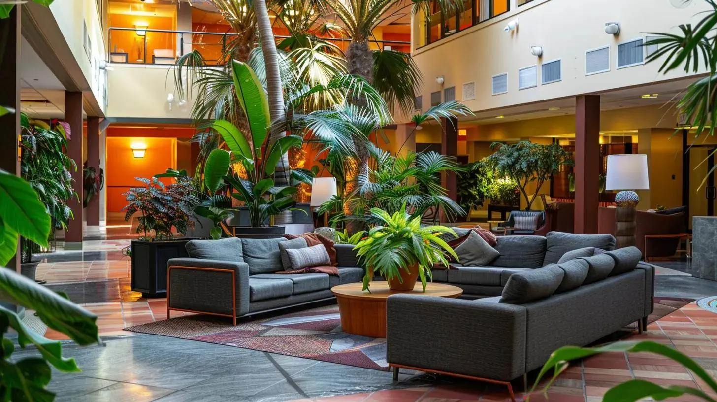 a vibrant apartment lobby with lush greenery, modern furnishings, and warm lighting, welcoming residents and embodying a sense of community and care. a vibrant apartment lobby with lush greenery, modern furnishings, and warm lighting, welcoming residents and embodying a sense of community and care.