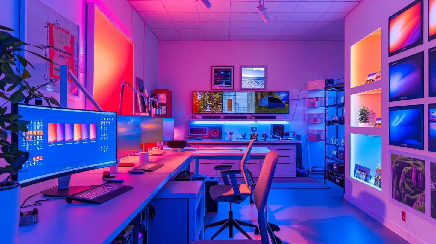 a vibrant digital marketing workspace features bold color palettes strategically arranged on monitors and design boards, symbolizing the powerful influence of color psychology on real estate branding and user engagement. a vibrant digital marketing workspace features bold color palettes strategically arranged on monitors and design boards, symbolizing the powerful influence of color psychology on real estate branding and user engagement.