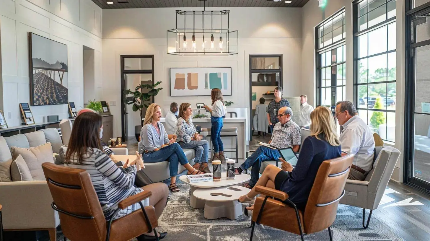 a vibrant, inviting real estate office filled with engaged clients exchanging positive testimonials, bathed in warm, natural light to convey a sense of trust and community. a vibrant, inviting real estate office filled with engaged clients exchanging positive testimonials, bathed in warm, natural light to convey a sense of trust and community.