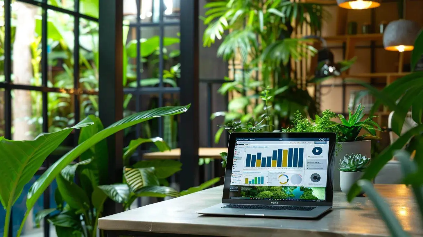 a vibrant scene of a modern office workspace with a sleek laptop displaying an email automation dashboard, surrounded by lush green plants symbolizing growth and nurturing in real estate engagement. a vibrant scene of a modern office workspace with a sleek laptop displaying an email automation dashboard, surrounded by lush green plants symbolizing growth and nurturing in real estate engagement.