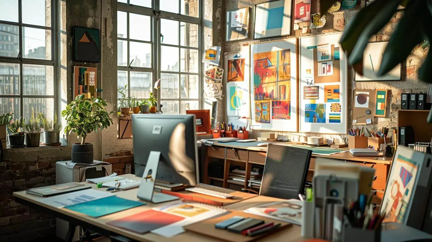 a vibrant studio workspace showcases an engaging mood board filled with colorful design inspirations for a distinctive real estate logo, illuminated by natural light streaming through large windows. a vibrant studio workspace showcases an engaging mood board filled with colorful design inspirations for a distinctive real estate logo, illuminated by natural light streaming through large windows.