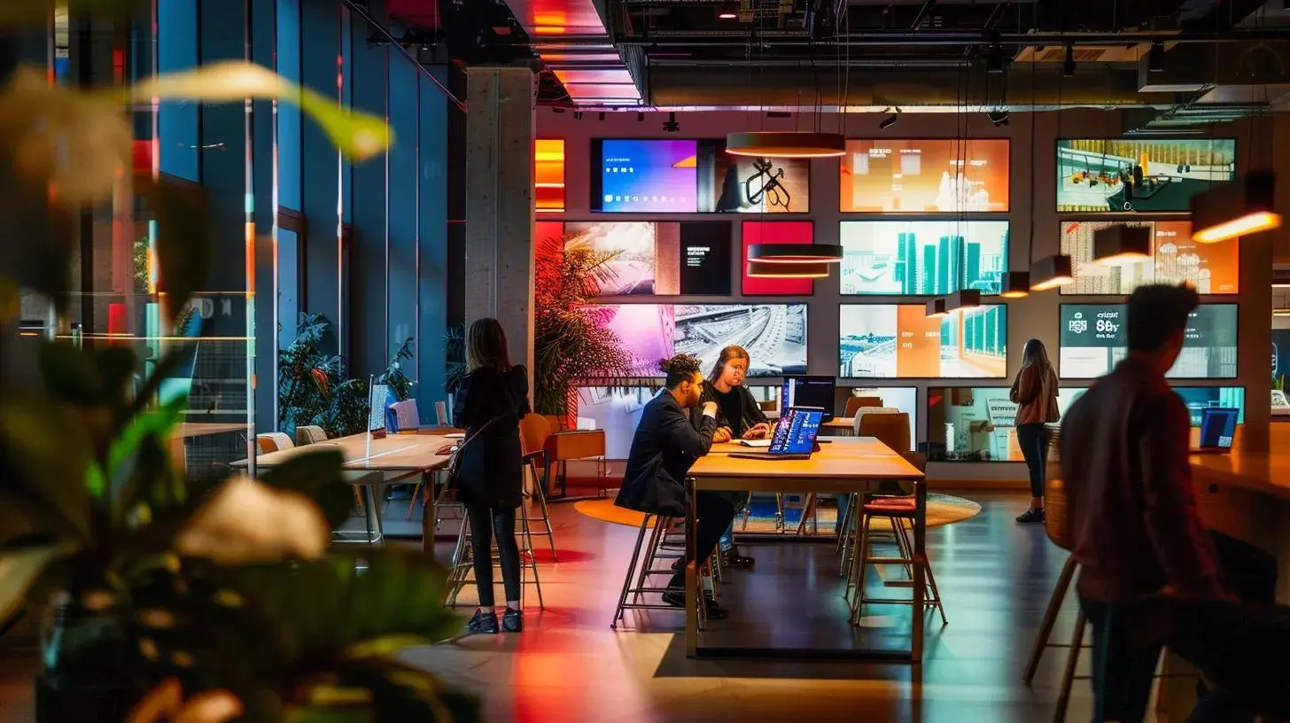 a vibrant workspace with a diverse group of professionals engaged in a dynamic brainstorming session, surrounded by mood boards and digital screens displaying various real estate slogans, illuminated by soft, ambient lighting. a vibrant workspace with a diverse group of professionals engaged in a dynamic brainstorming session, surrounded by mood boards and digital screens displaying various real estate slogans, illuminated by soft, ambient lighting.