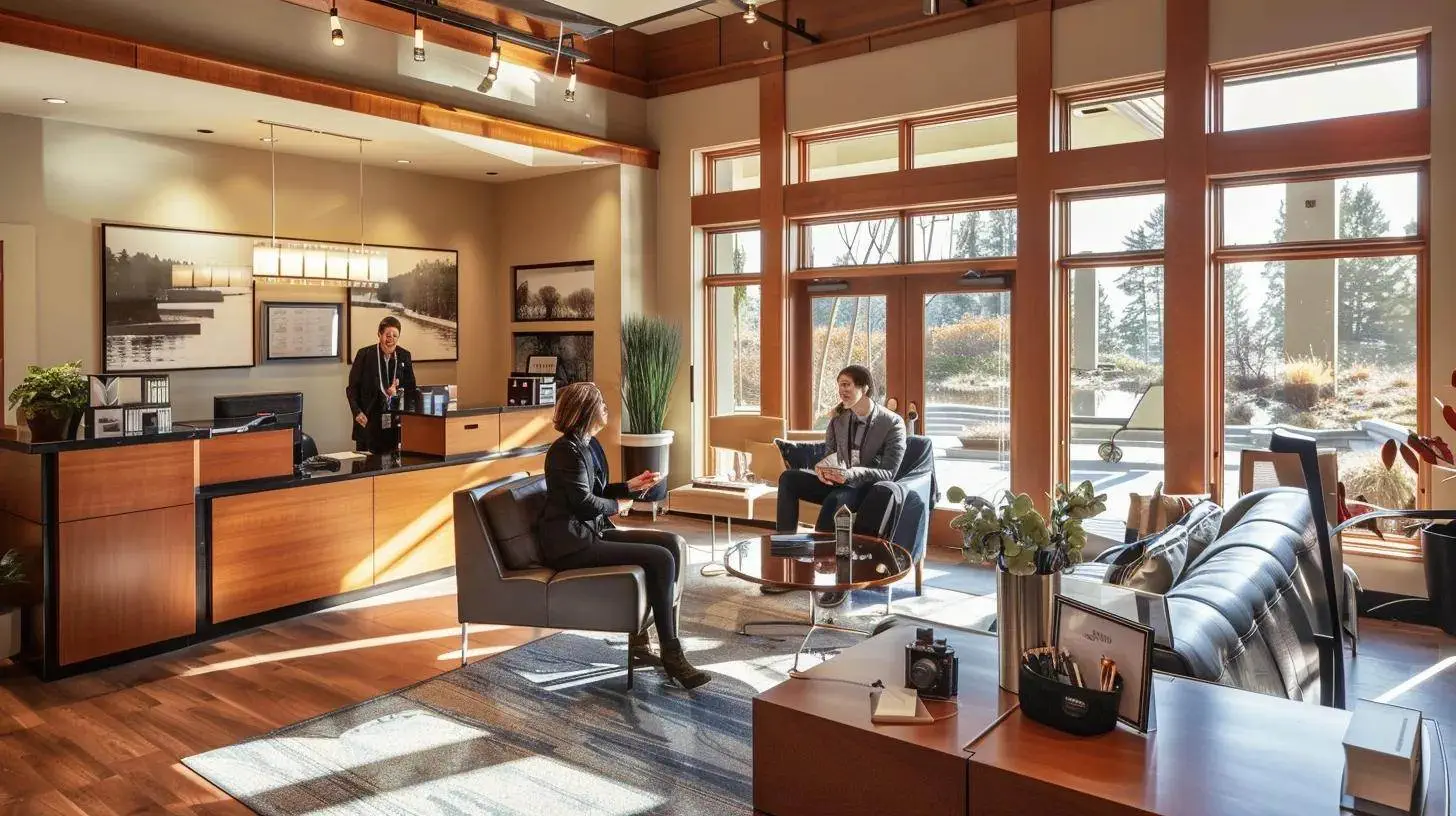 a welcoming real estate office bathed in warm, natural light, showcasing a friendly agent engaging with a satisfied client, surrounded by personalized touches that symbolize exceptional customer service and strong client relationships. a welcoming real estate office bathed in warm, natural light, showcasing a friendly agent engaging with a satisfied client, surrounded by personalized touches that symbolize exceptional customer service and strong client relationships.
